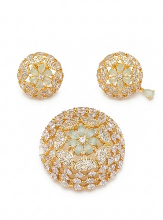 Gold-Plated CZ Mint Green Dome Design Pendant Set with Earrings