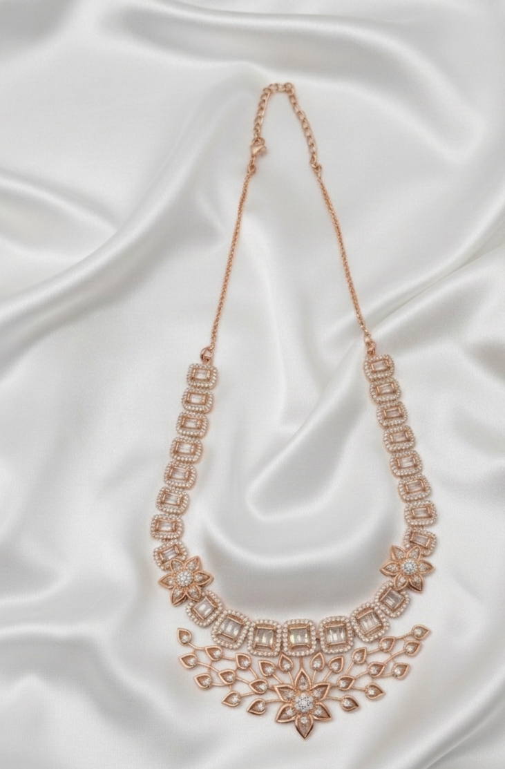 Luxury Floral Zircon Necklace Set with Matching Earrings - Gold & Rose Gold Finish