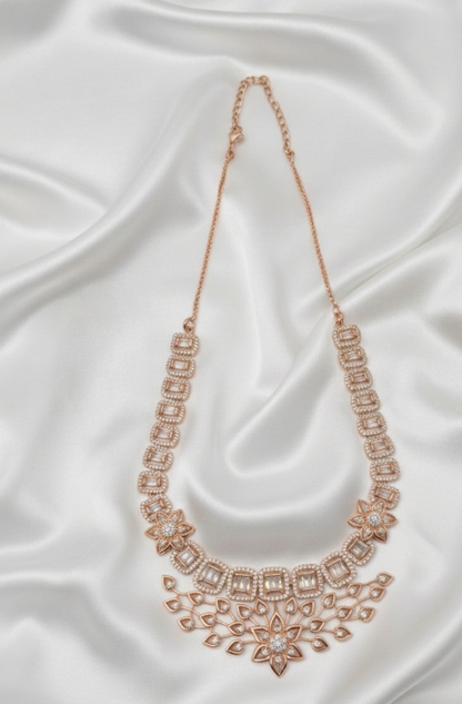 Luxury Floral Zircon Necklace Set with Matching Earrings - Gold & Rose Gold Finish
