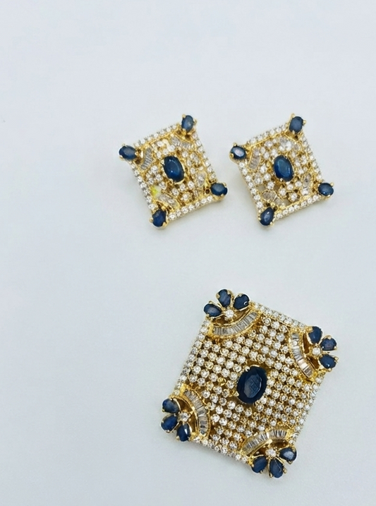 Gold-Plated CZ Blue Square Geometric Pendant Set with Earrings