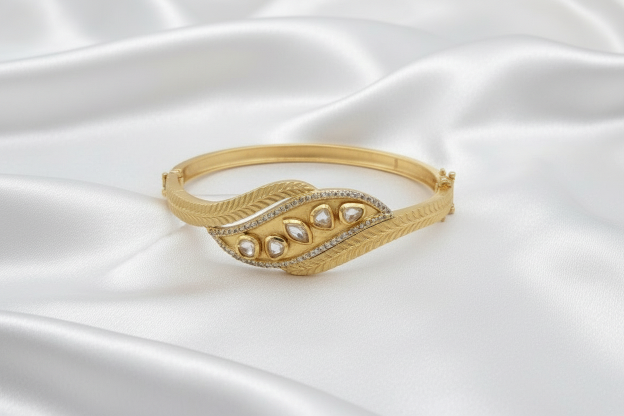 Antique Gold Leaf Design Bracelet with Kundan Stones | Traditional Women's Kada