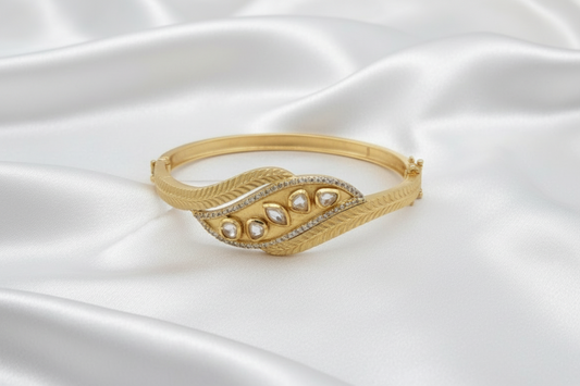 Antique Gold Leaf Design Bracelet with Kundan Stones | Traditional Women's Kada