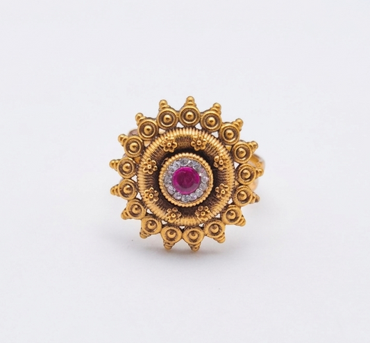 Matte Gold Sunburst Design CZ and Ruby Stone Statement Ring