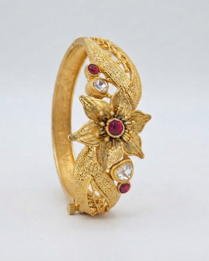 22K Gold Plated Antique Floral Kada Bracelet with Ruby & White CZ Stones