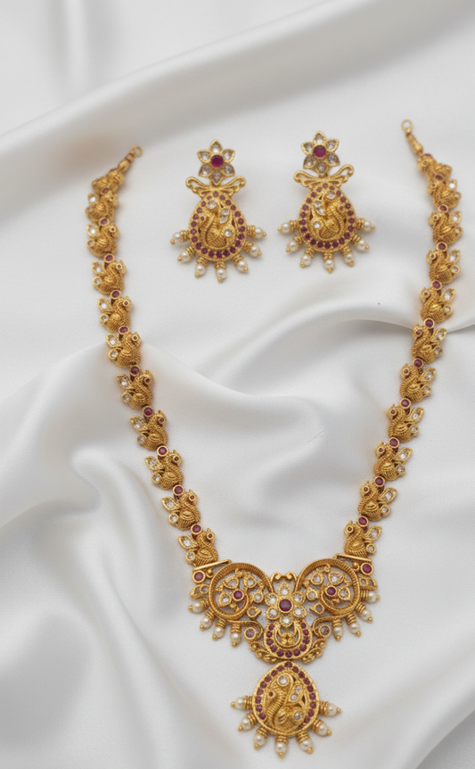 Traditional Antique Peacock Temple Haram with Pearl Drops