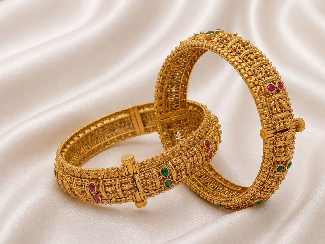 Antique Gold Finish Designer Bangle Set with Green & Ruby Stones