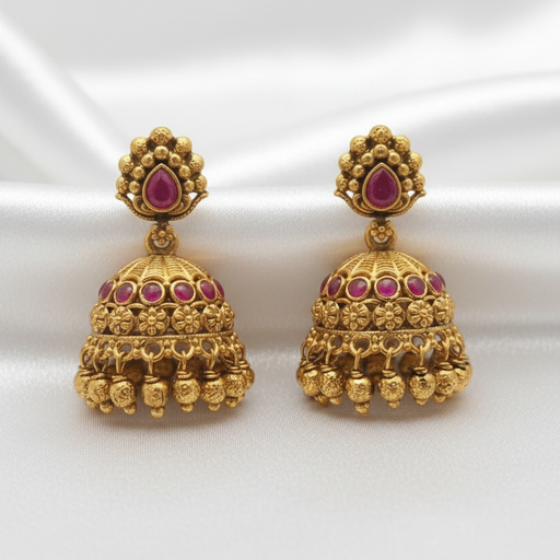 Gold-Plated Antique Floral Stud Jhumkas with Ruby Stones & Beads