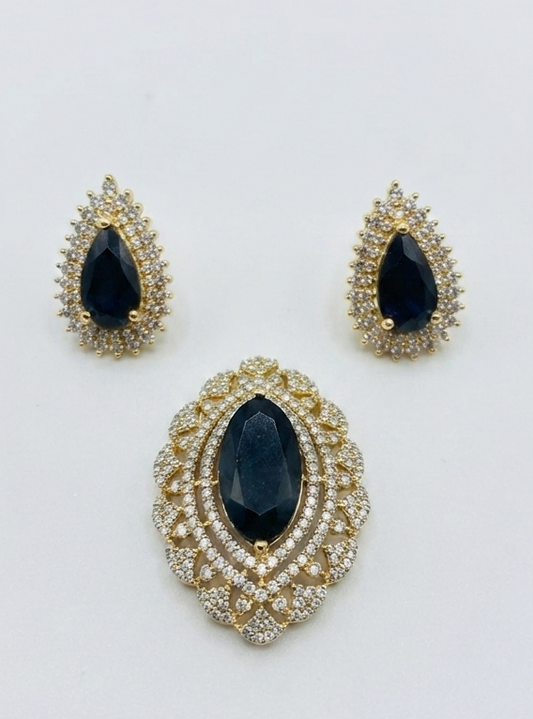 Gold-Plated CZ Blue Navette and Teardrop Pendant Set with Earrings