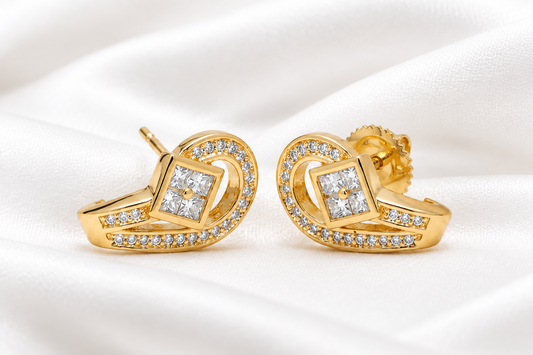 Gold-Plated Swirl Pave Zircon and Princess Cut Center Stud Earrings