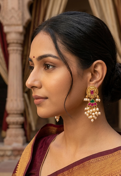 ✨ Traditional Indian Antiqu Jadau Kundan Style Earrings with Ruby, Emerald & Pearl Drops