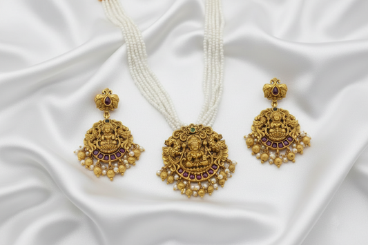Lakshmi Pearl Temple Necklace Set with Matching Jhumka Earrings