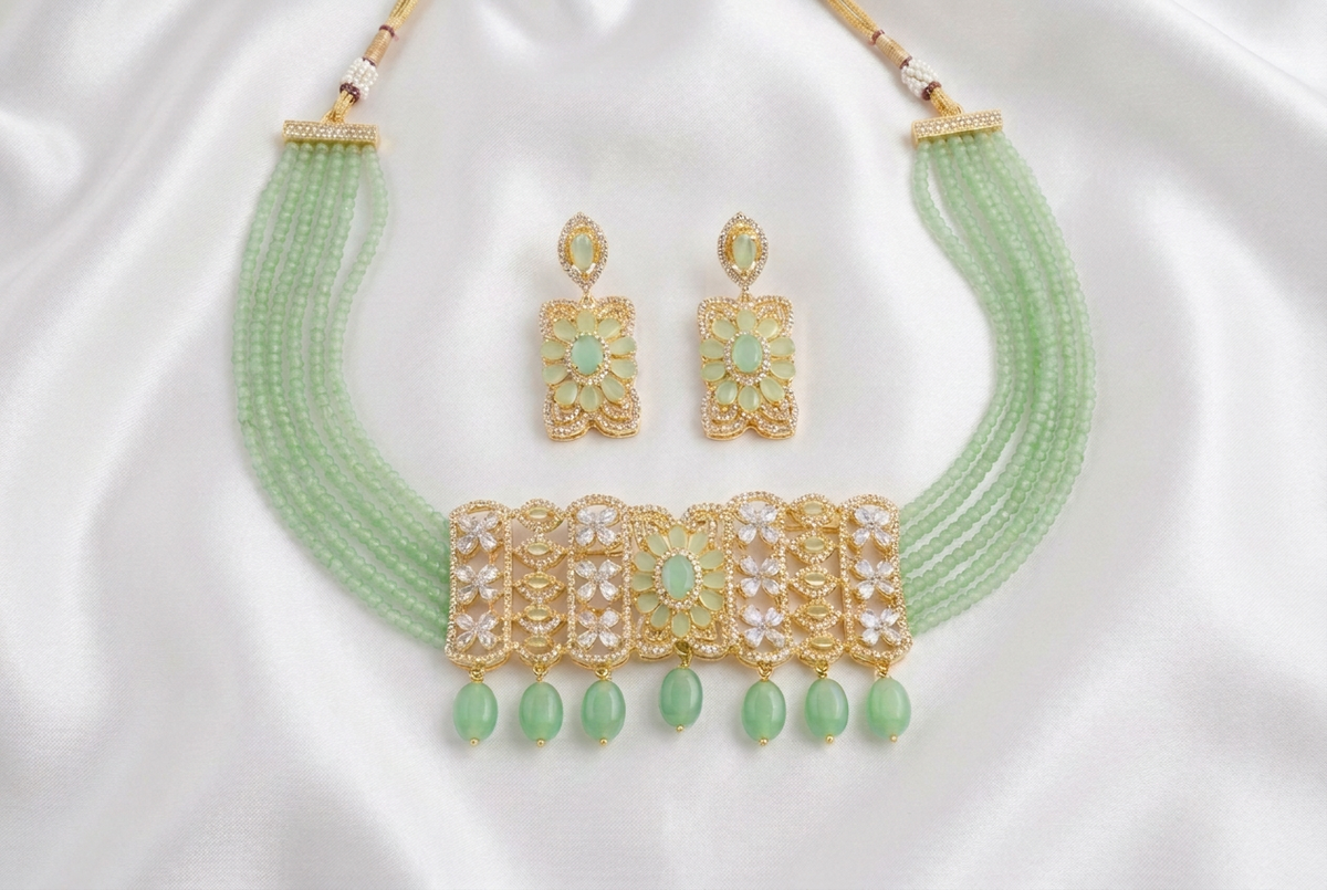 Elegant Mint Green Beaded American Diamond Choker Necklace Set with Back Chain Rope and Matching Earrings