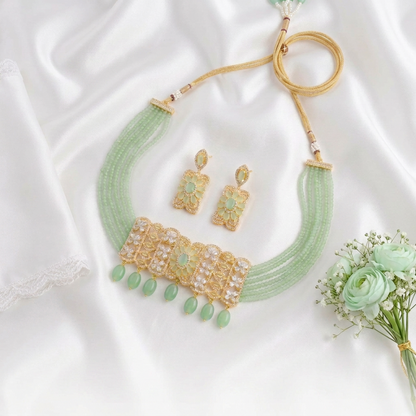 Elegant Mint Green Beaded American Diamond Choker Necklace Set with Back Chain Rope and Matching Earrings
