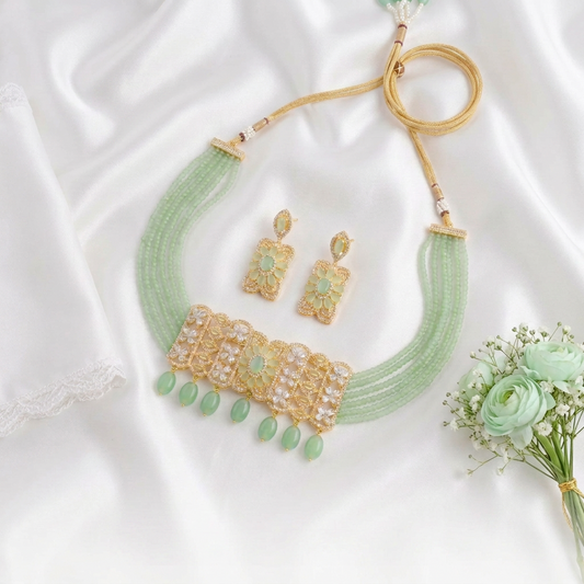 Elegant Mint Green Beaded American Diamond Choker Necklace Set with Back Chain Rope and Matching Earrings