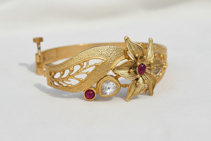 22K Gold Plated Antique Floral Kada Bracelet with Ruby & White CZ Stones