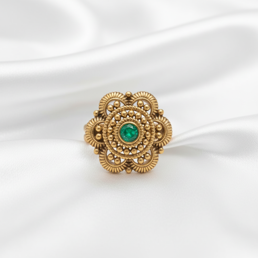 Traditional Antique Finish Ruby  Pin & Emerald Green  Stone Sunburst Ring