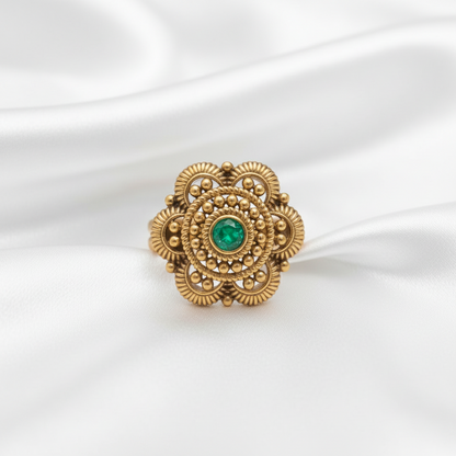 Traditional Antique Finish Ruby  Pin & Emerald Green  Stone Sunburst Ring