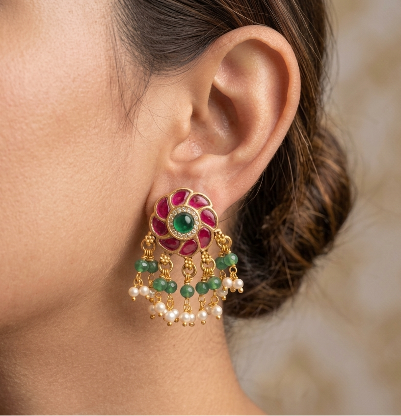 🌸 Traditional Pink & Green Kundan  Earrings | Gold-Tone Floral Earrings with Hanging Beads