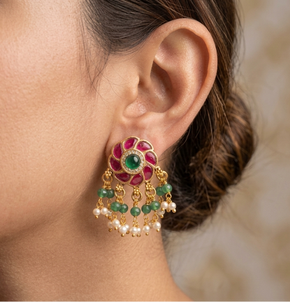 🌸 Traditional Pink & Green Kundan  Earrings | Gold-Tone Floral Earrings with Hanging Beads