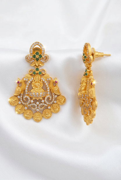 Divine Goddess Lakshmi Gold-Plated Statement Earrings | Temple Jewelry Earrings with CZ & Kemp Stones