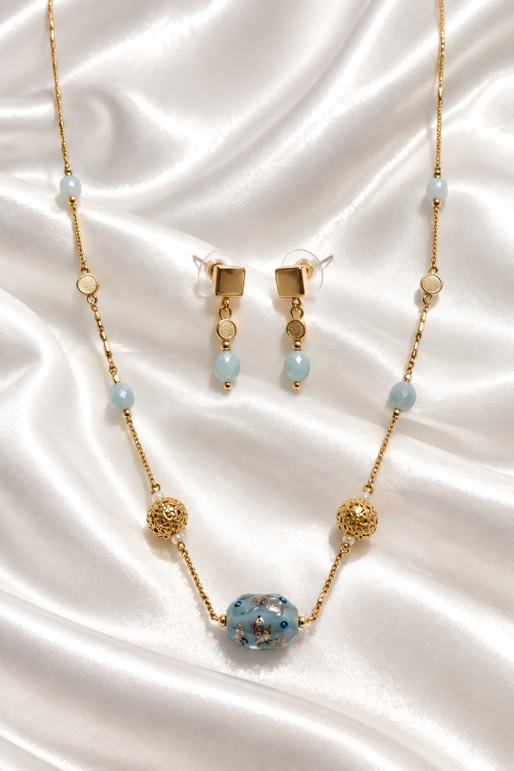 Elegant Light Blue Glass Bead & Gold-Tone Jewelry Set – Necklace and Matching Earrings