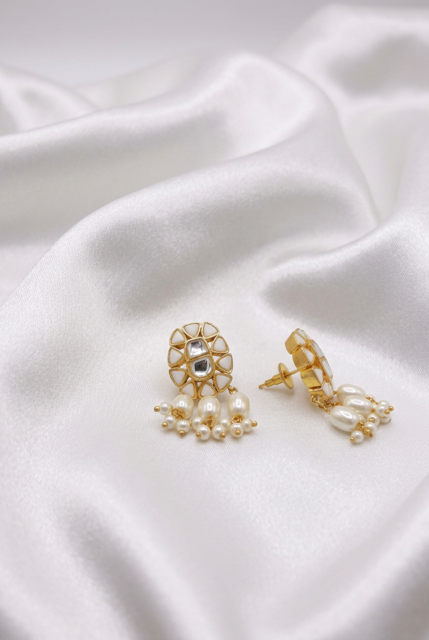 Elegant Kundan & Pearl Drop Earrings | Traditional Oval Studs