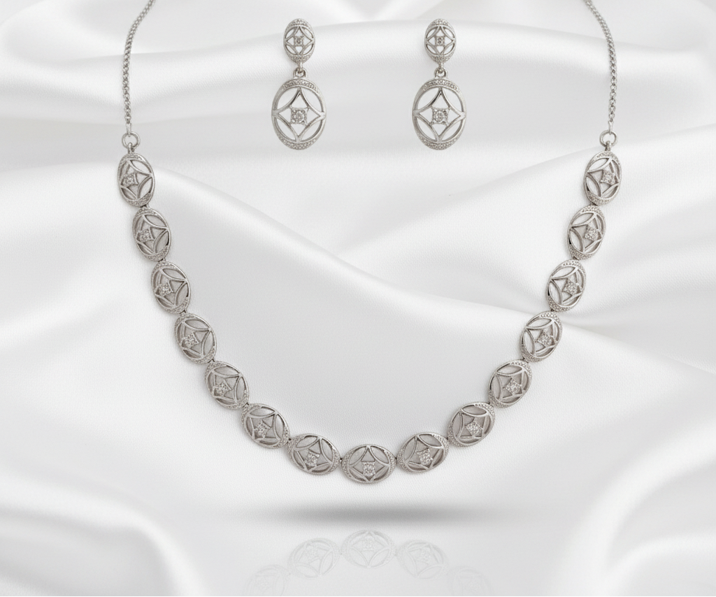 Rose Gold-Plated Interlinked Floral Motif Zircon Necklace with Earrings
