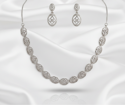Rose Gold-Plated Interlinked Floral Motif Zircon Necklace with Earrings