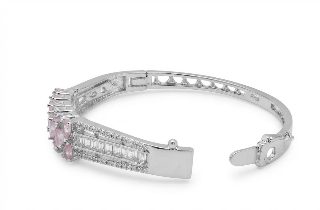 Pink Pear-Cut Zircon Stone Silver-Tone Bracelet | Elegant Crystal Bangle for Women