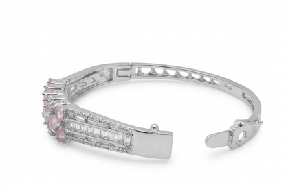 Pink Pear-Cut Zircon Stone Silver-Tone Bracelet | Elegant Crystal Bangle for Women