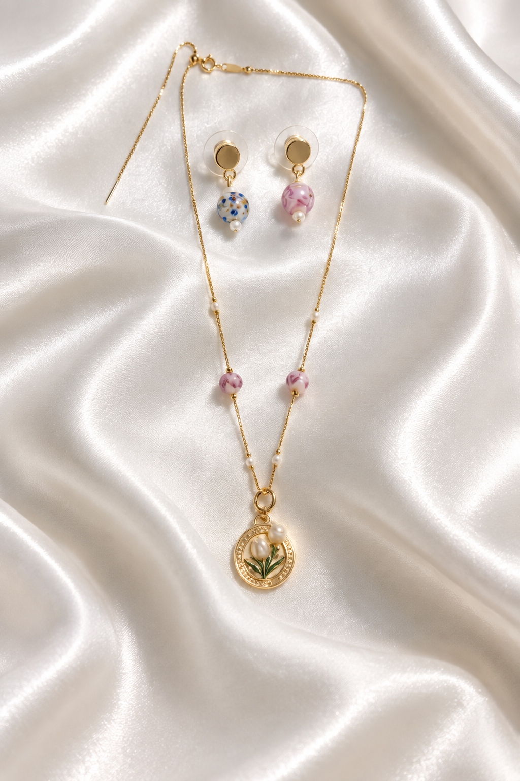 Vintage Enamel Tulip Medallion Necklace & Floral Glass Bead Earring Set