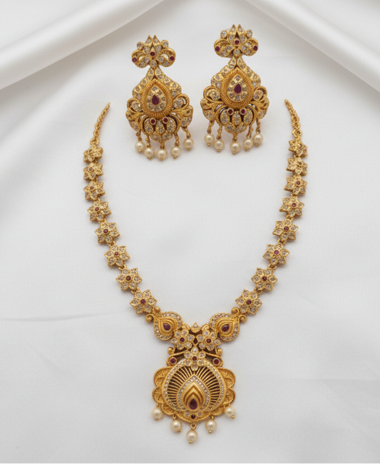 Antique Gold Plated Floral Medallion CZ Necklace Set