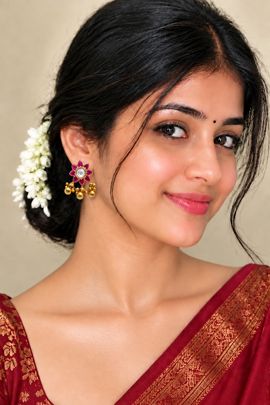 Floral 🌸✨ Ruby Pink Kundan Stud Earrings with Gold Ghungroo Beads
