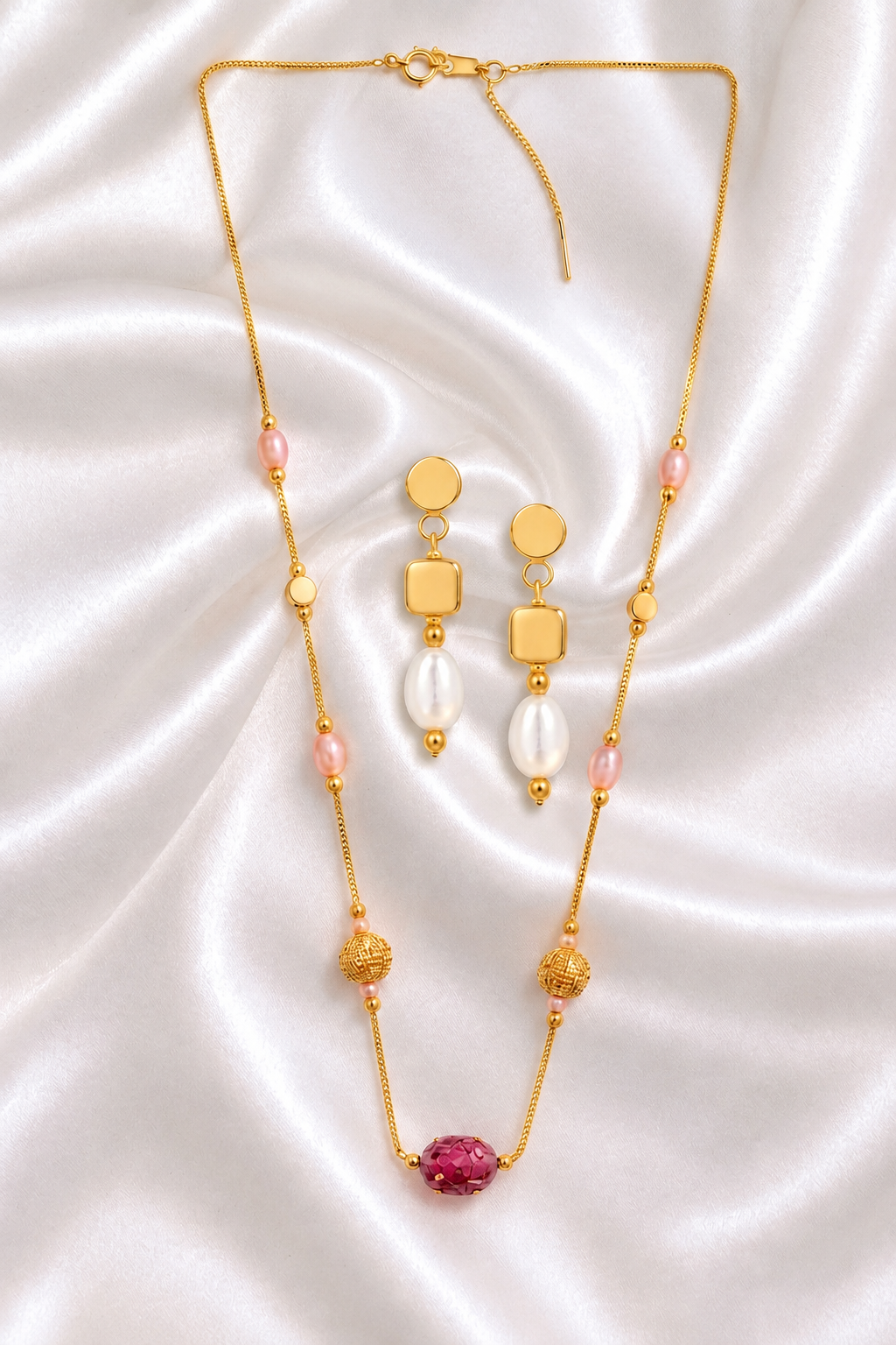 Elegant Gold Plated Pearl & Magenta Bead Chain Necklace Set with Matching Dangle Earrings