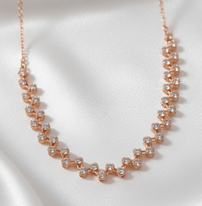 Rose Gold-Plated Geometric Zig-Zag Zircon Necklace Set