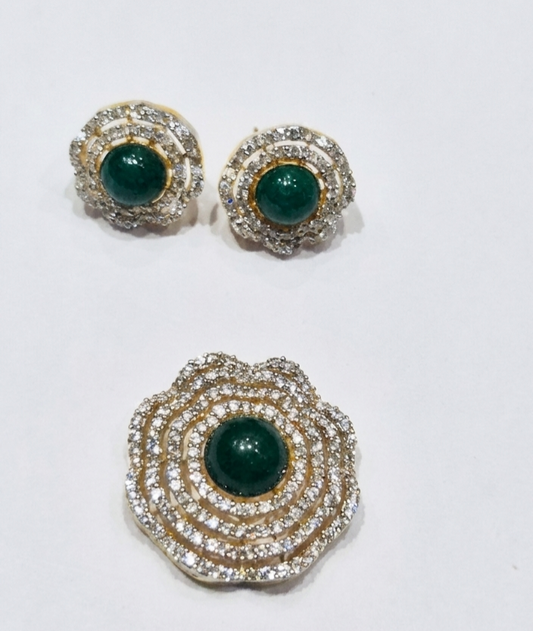 Gold-Plated CZ Dark Green Layered Round Pendant Set with Earrings