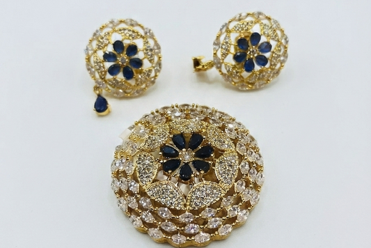 Gold-Plated CZ Dark Blue Dome Dome Design Pendant Set with Earrings