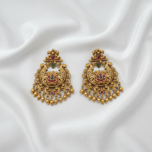 Gold-Plated Antique Peacock Chandbali Earrings with Multi-Color Stones