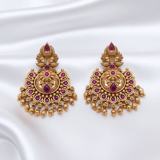 Gold-Plated Antique Peacock Chandbali Earrings with Ruby Stones