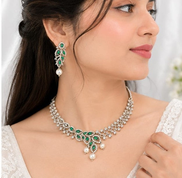 Emerald Green & Silver-Plated Cubic Zirconia Asymmetrical Collar Necklace Set with Pearl Drops and Matching Earrings