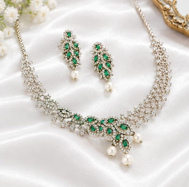 Emerald Green & Silver-Plated Cubic Zirconia Asymmetrical Collar Necklace Set with Pearl Drops and Matching Earrings
