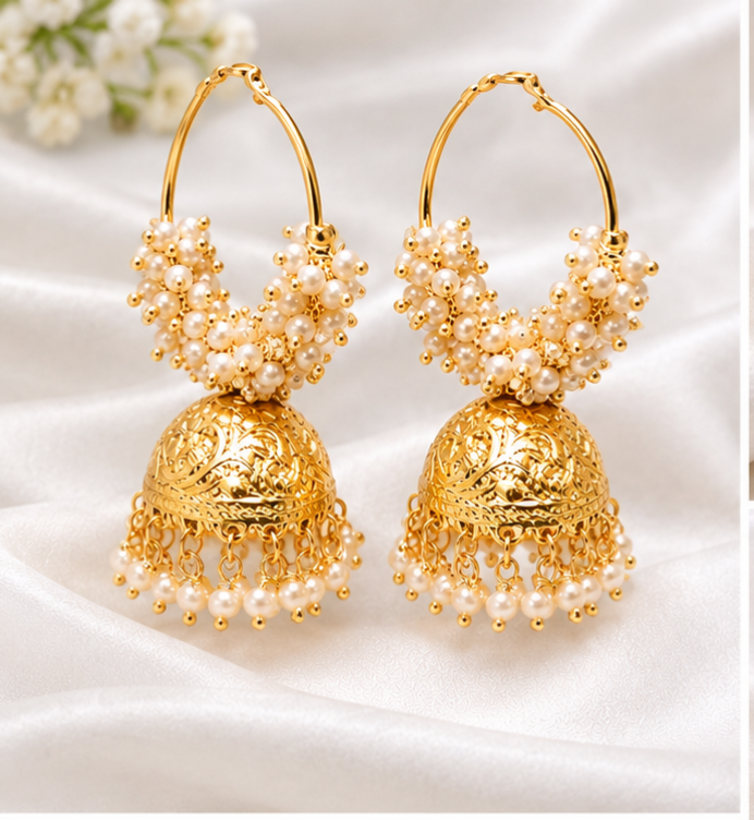 Exquisite Gold-Plated Pearl Hoop Jhumka Earrings – Traditional Indian Ethnic Jewelry