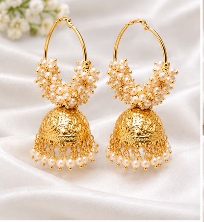 Exquisite Gold-Plated Pearl Hoop Jhumka Earrings – Traditional Indian Ethnic Jewelry