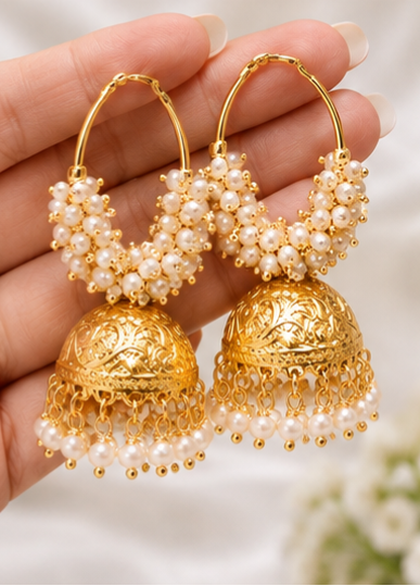 Exquisite Gold-Plated Pearl Hoop Jhumka Earrings – Traditional Indian Ethnic Jewelry