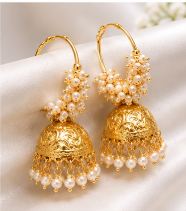 Exquisite Gold-Plated Pearl Hoop Jhumka Earrings – Traditional Indian Ethnic Jewelry