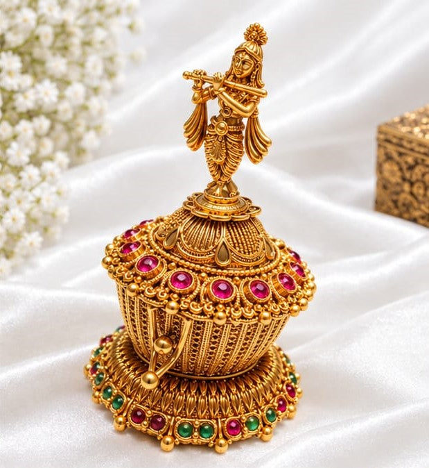 Antique Gold Plated Lord Krishna Figurine Kumkum / Sindoor Box with Ruby & Emerald Kemp Stones