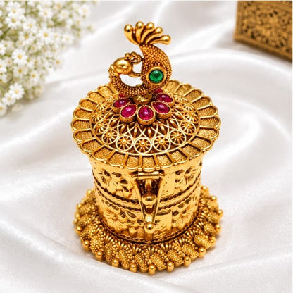 Antique Gold Plated Peacock Motif Kumkum / Sindoor Box with Ruby & Emerald Kemp Stones