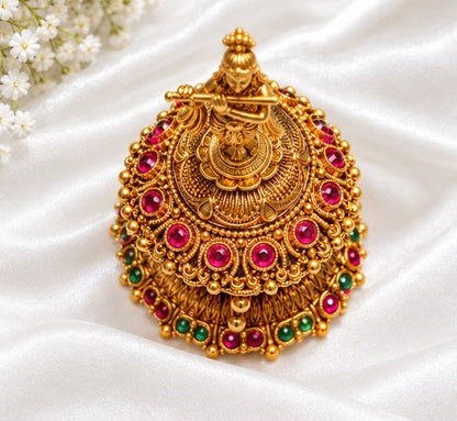 Antique Gold Plated Lord Krishna Figurine Kumkum / Sindoor Box with Ruby & Emerald Kemp Stones