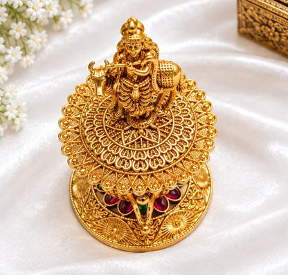 Antique Gold Plated Lord Krishna with Cow Kumkum / Sindoor Box with Ruby & Emerald Stones