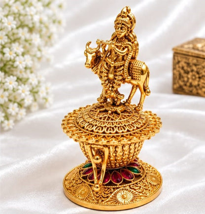Antique Gold Plated Lord Krishna with Cow Kumkum / Sindoor Box with Ruby & Emerald Stones